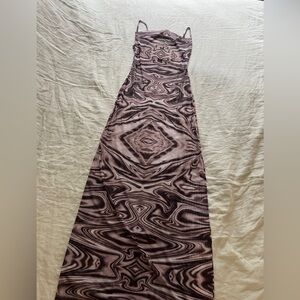 Brown Patterned Mesh Maxi Dress